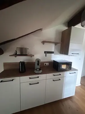 a kitchen with white cabinets and a microwave at Charming apartment in Corsican Village in Vescovato