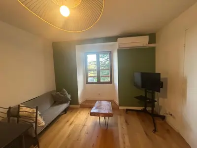 a living room with a couch and a tv at Charming apartment in Corsican Village in Vescovato
