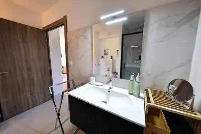 a bathroom with a sink and a mirror at U Bellu Paradisu - T3 vue mer, piscine, plage privé in Pianottoli-Caldarello