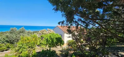 a white house with trees and the ocean in the background at BELLA VISTA-Wifi-VUE MER PANORAMIQUE in Sari Solenzara