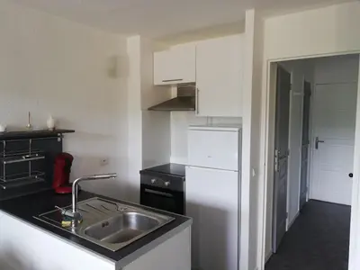 a kitchen with a sink and a white refrigerator at T2 log entier Porticcio 35m piscine-mer-resto 400m in Grosseto-Prugna