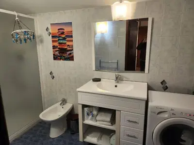 a bathroom with a sink and a washing machine at Deux pièces tout confort Monacia d'Aullène in Monacia-dʼAullène