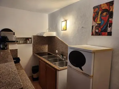 a kitchen with a sink and a painting on the wall at Deux pièces tout confort Monacia d'Aullène in Monacia-dʼAullène