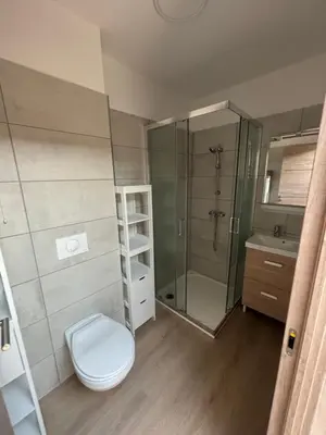 a bathroom with a toilet and a glass shower at LA MARANA - 1 minute des plages - Proche BASTIA AEROPORT - T2 entièrement neuf avec cuisine équipée in Lucciana