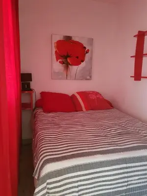 a bedroom with a bed with a red flower painting on the wall at Ajaccio VUE MER IMPRENABLE 4a5 Pers in Ajaccio