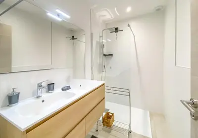 a bathroom with a sink and a shower at Bergerie A Mandria di Rondinara in Bonifacio