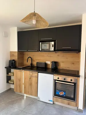 a kitchen with a sink and a microwave at Appartement dans résidence 3 étoiles in Lecci