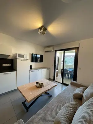 a living room with a couch and a table at Apartment Propriano, Corsica in Propriano