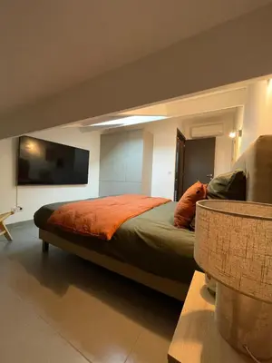 a bedroom with a bed with an orange comforter at Apartment Propriano, Corsica in Propriano