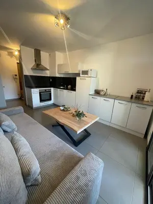 a kitchen with a couch and a table in a room at Apartment Propriano, Corsica in Propriano