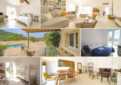 a collage of photos of a living room and a house at Villa Luma, 3 Chambres avec Piscine Chauffée in Figari