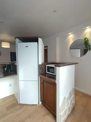 a kitchen with a white refrigerator and a microwave at Jolie location chez Philippe & Karine in Linguizzetta