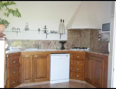 a kitchen with wooden cabinets and a white dishwasher at Villa Ysee in Porto-Vecchio