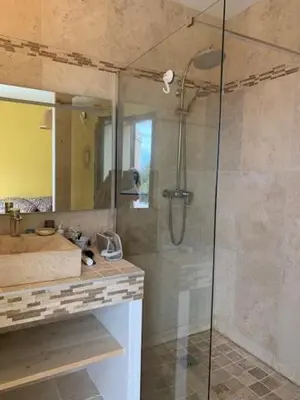 a bathroom with a shower and a sink at Belle maison en Balagne in Zilia