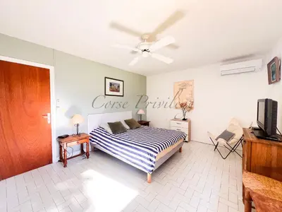 a bedroom with a bed and a ceiling fan at Maison Porticcio centre in Grosseto-Prugna