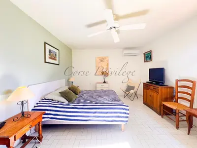 a bedroom with a bed and a ceiling fan at Maison Porticcio centre in Grosseto-Prugna