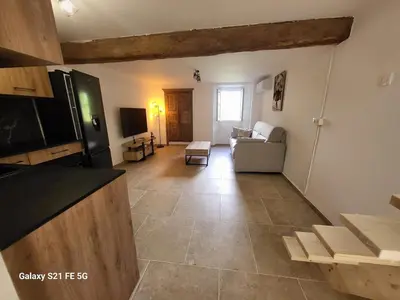 a large living room with a couch and a tv at Maison avec spa aux portes d'Ajaccio in Carbuccia
