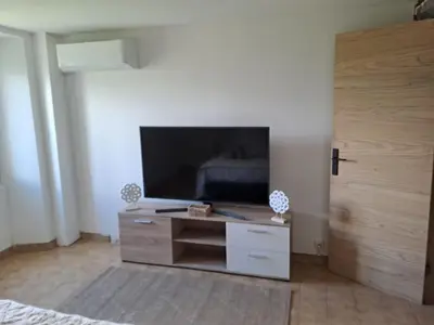 a living room with a tv and a wooden cabinet at Maison avec spa aux portes d'Ajaccio in Carbuccia