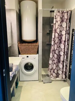a bathroom with a washing machine and a shower curtain at Appartement 74 cita Di sali in Porto-Vecchio