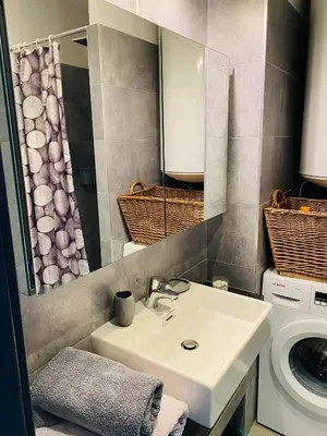 a bathroom with a sink and a washing machine at Appartement 74 cita Di sali in Porto-Vecchio