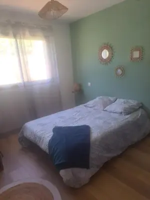 a bedroom with a bed with a blue blanket and a window at Nouveau villa T4 à Sotta entre mer et montagnes in Sotta