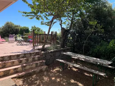 two wooden benches sitting next to a tree at Maison de charme avec vue imprenable sur le golfe de Porto-Vecchio in Porto-Vecchio