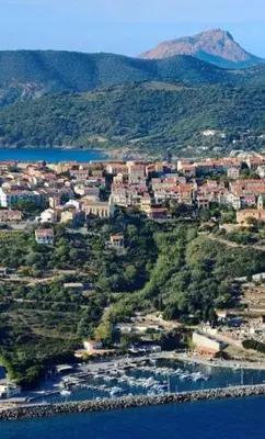 an aerial view of a town on an island in the water at Appartement vue mer Volpaghja 02 in Cargèse