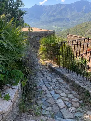 a stone path with a fence and mountains in the background at Bella Vista in SantʼAntonino