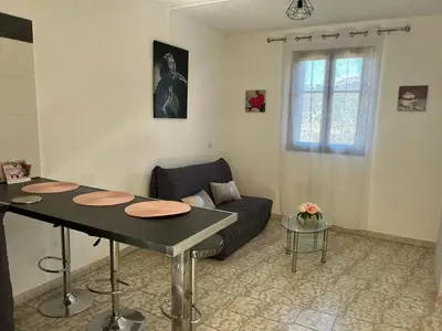 a living room with a table and a couch at Appartement avec balcon à Marignana, 30 m², 4 pers. in Marignana