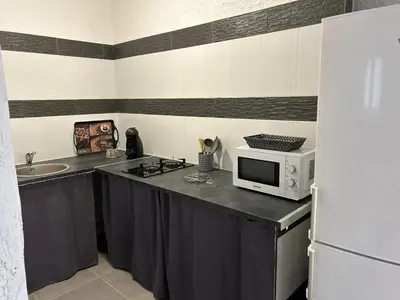 a kitchen with a counter with a microwave and a sink at Appartement convivial à Marignana, proche de la nature in Marignana