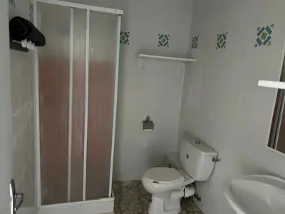 a bathroom with a toilet and a shower and a sink at Appartement convivial à Marignana, proche de la nature in Marignana