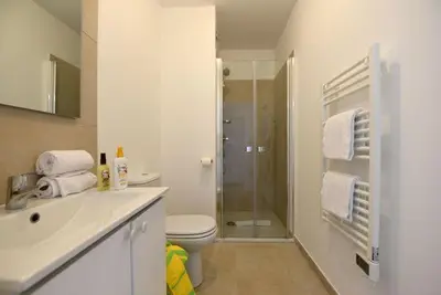 a bathroom with a toilet and a sink and a shower at T3 bord de mer en Corse N130 in Linguizzetta