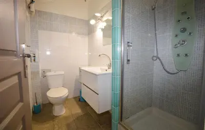 a bathroom with a shower and a toilet and a sink at Appartement Residence Piscine in Prunete