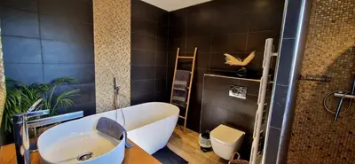 a bathroom with a bath tub and a sink at Villa moderne avec piscine 4 étoiles in Sotta