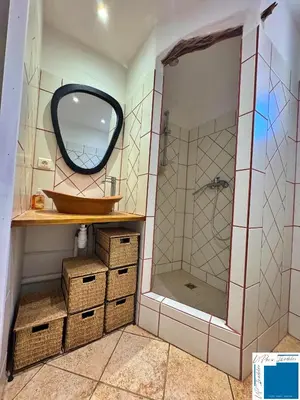 a bathroom with a sink and a shower with a mirror at VILLA HORUS - Bergerie 1chambre - piscine privée in San-Gavino-di-Carbini