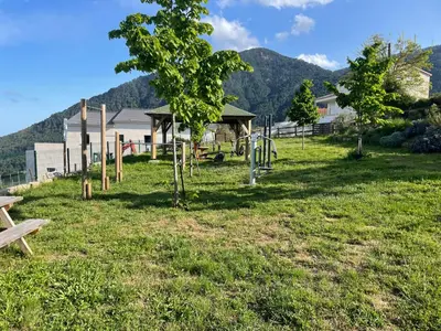 a park with a picnic table and trees in the grass at Traversa in Vezzani