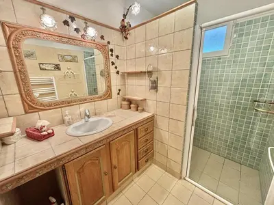 a bathroom with a sink and a shower with a mirror at Appartement Le Panoria sanguinaires Ajaccio in Ajaccio