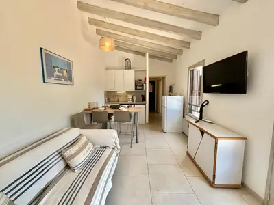 a living room with two beds and a kitchen at Appartement 317 Paesollu Porticcio in Porticcio