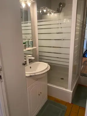 a white bathroom with a sink and a shower at closerie in Grosseto-Prugna