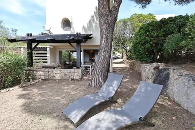 a chair sitting next to a tree in front of a house at Sous le Pin - Villa paisible face aux îles Lavezzi in Bonifacio