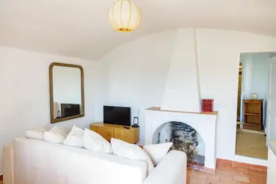 a living room with a white couch and a fireplace at U Vermentinu in Aghione