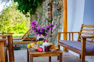 a table with a bowl of fruit and a vase of flowers at Suite du Domaine Marquiliani in Fautea