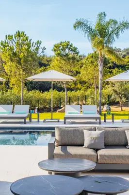 a living room with a couch and chairs and a pool at Villa Alimea San Ciprianu in Cirendinu
