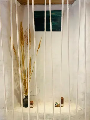 a cage with a vase and plants in it at Charming house with sea view Emily in Porri in Porri