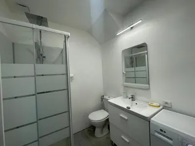a bathroom with a shower and a toilet and a sink at CASA Marie-PAULINE in Sampolo