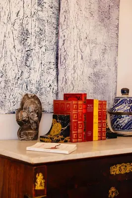 a shelf with books and a statue and a vase at Balamb Garden A Cinarchesa in Ajaccio