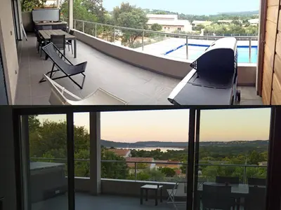 two pictures of a balcony with a view of a pool at La résidence Location Pinarello in Mangialla