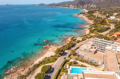 an aerial view of a beach and the ocean at Beau Studio vue sur mer, route des sanguinaires in Ajaccio