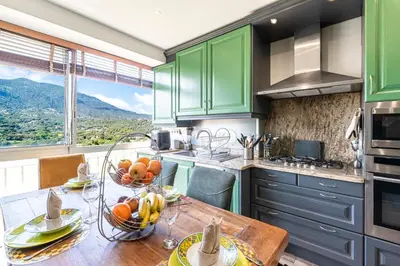a kitchen with green cabinets and a table with fruit at Le Renoso - Climatisé vue mer et montagne in Ajaccio