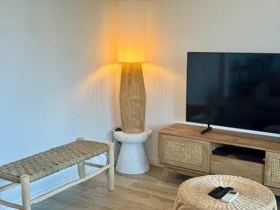 a living room with a flat screen tv and a lamp at Deux pièces tout confort sur les hauteurs de Propriano in Propriano